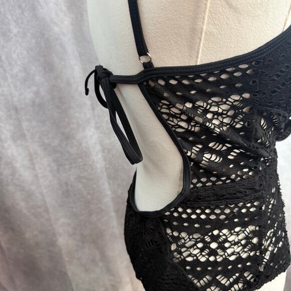 Black XL Cutout Crochet One-Piece Swimsuit with Tie Back and lace look NWT - Picture 5 of 12